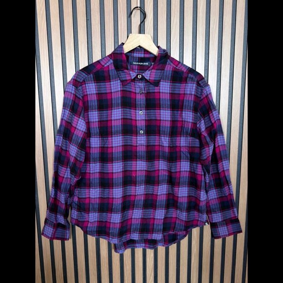 Calvin Klein Collection Tops - Calvin Klein Shirt Small Womens Purple Pink Plaid Henley Plaid Wester Collared